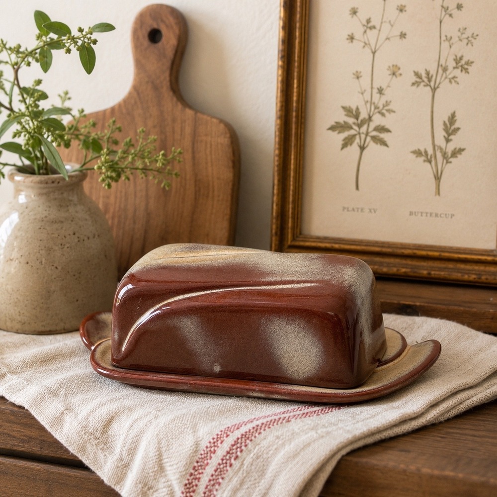 Vintage Frankoma Butter Dish Brown Desert Sand Glaze MCM Pottery Kitchen Decor